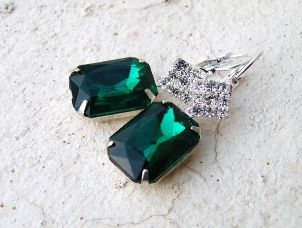 Emerald Green Bridal Earrings Foiled Octagon Stone Rhinestone Silver Dangle Earrings - Bella E22 Vintage Inspired Estate Style