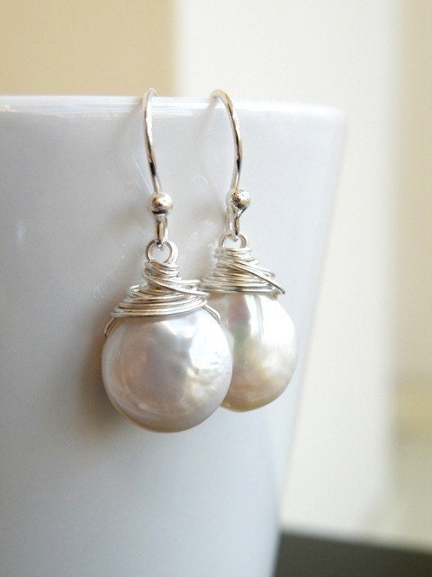 Wedding Jewelry Bridal Pearl Earrings Coin Pearl Wire Wrapped Sterling Silver Dangle Earrings - GemE5