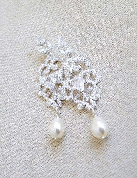 Bridal Earrings CZ Swarovski Ivory Pearl Stud Earrings - Selena E2 Wedding Jewelry Edwardian Charm