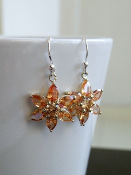 Champagne Cubic Zirconia Sterling Silver Floral Dangle Earrings - Edlyn E4 Wedding Jewelry