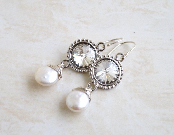 Bridal Earrings Swarovski Crystal Rivoli Sterling Silver Coin Pearl Bella E17 Clear Wedding Jewelry