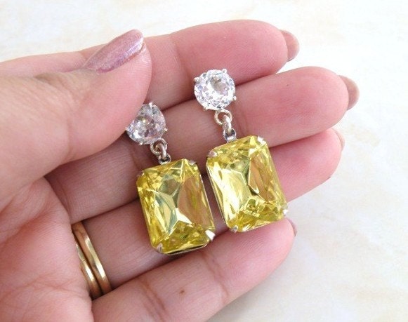 15% Off Sale Bridal Earrings Pastel Yellow Foiled Octagon Stone Rhinestone Silver Stud Bella EV1 Vintage Inspired Estate Style Wedding Jewe