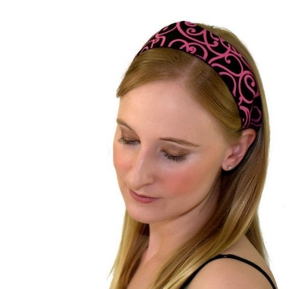 Skinny Headband, Hot Pink Swirls Over Deep Black, Beautiful Headband By Bargain Headbands