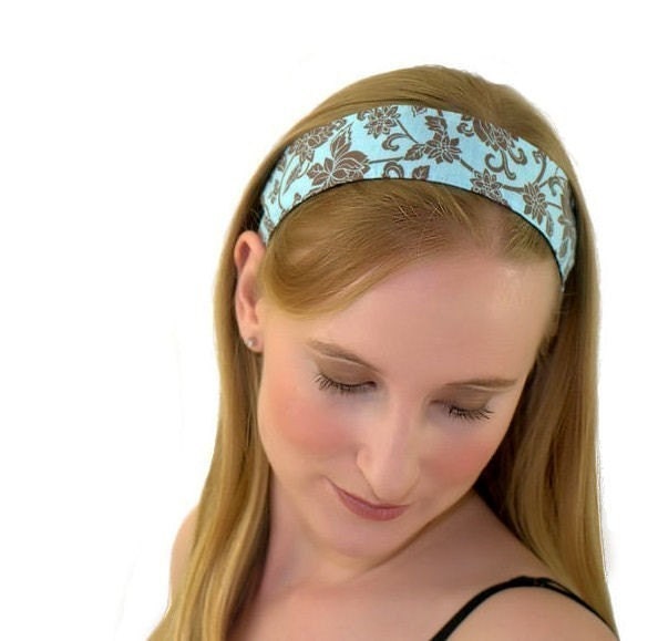 Skinny Headband, Hot Cocoa Flower Garden Over Light Blue, Beautiful Headband By Bargain Headbands