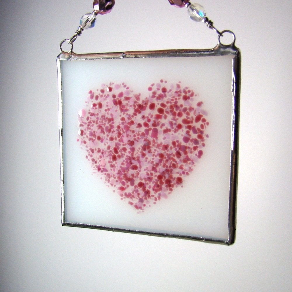 Pink Heart Fused Glass Suncatcher Light Catcher