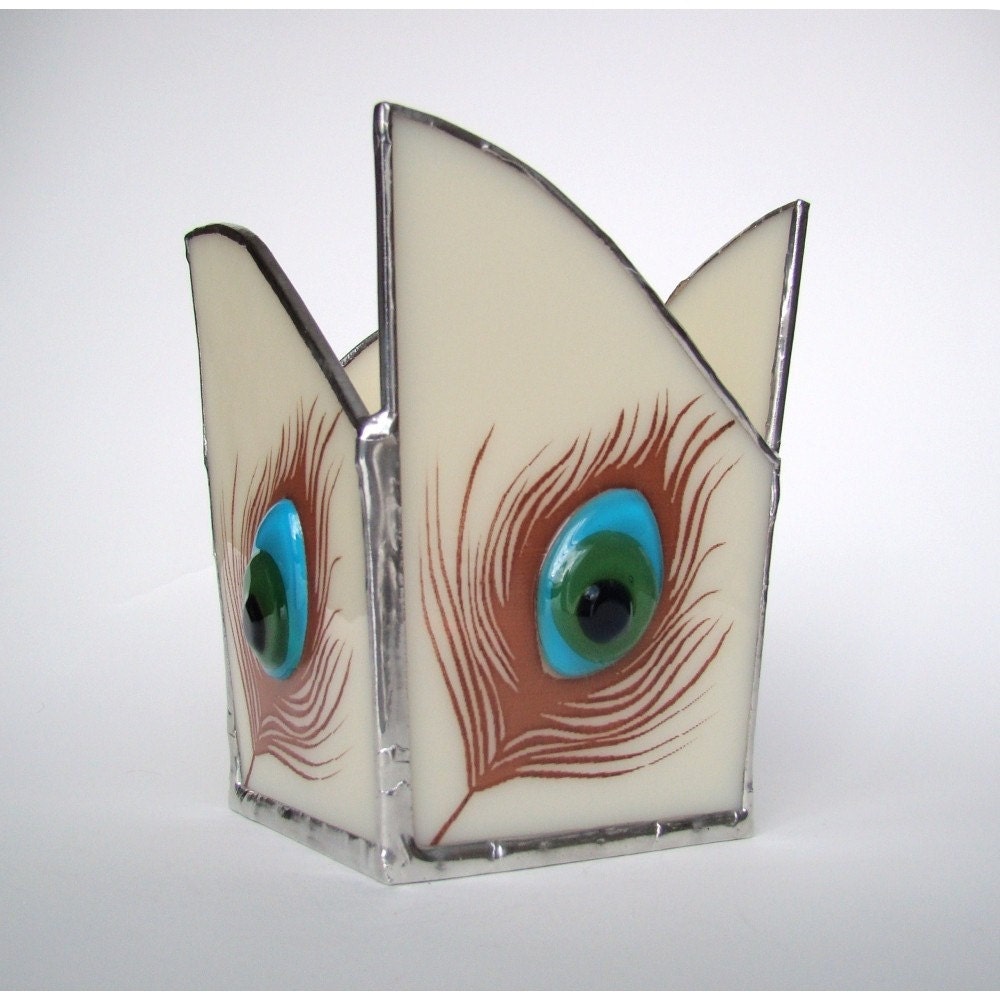 Peacock Feather Fused Glass Candle Holder Beige Aqua