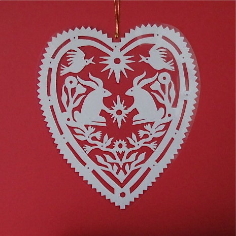 Bunnies Holding a Star - Hand cut hanging kirigami heart