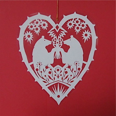 Bears in Love - Hand cut hanging kirigami heart