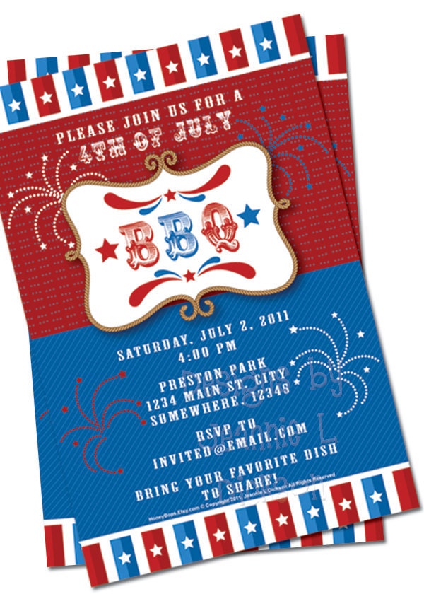 BBQ Invitation July 4th of July Custom Invite DIY - uPrint JPG Digital File