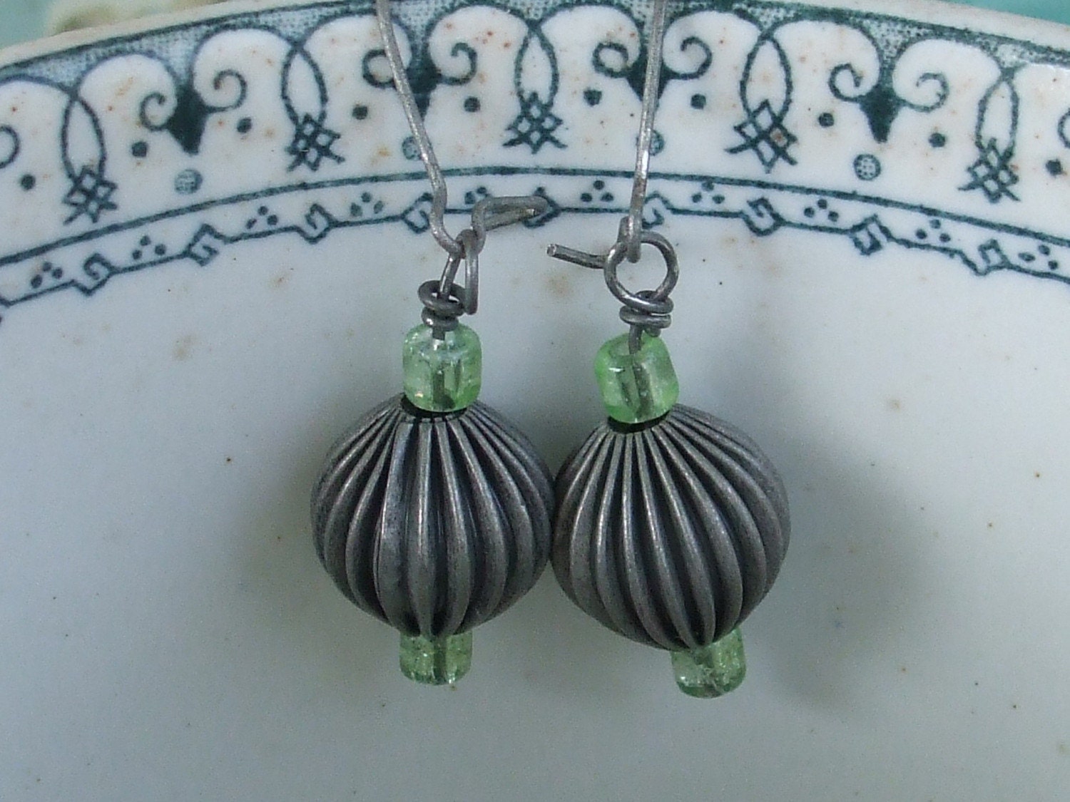 Metal Earrings - in Green - SALE Pleated Gunmetal