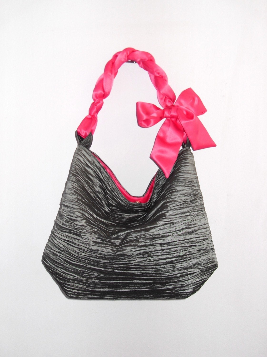 hobo tote bag in silver crunch with strawberry margarita pink handle - angie mini