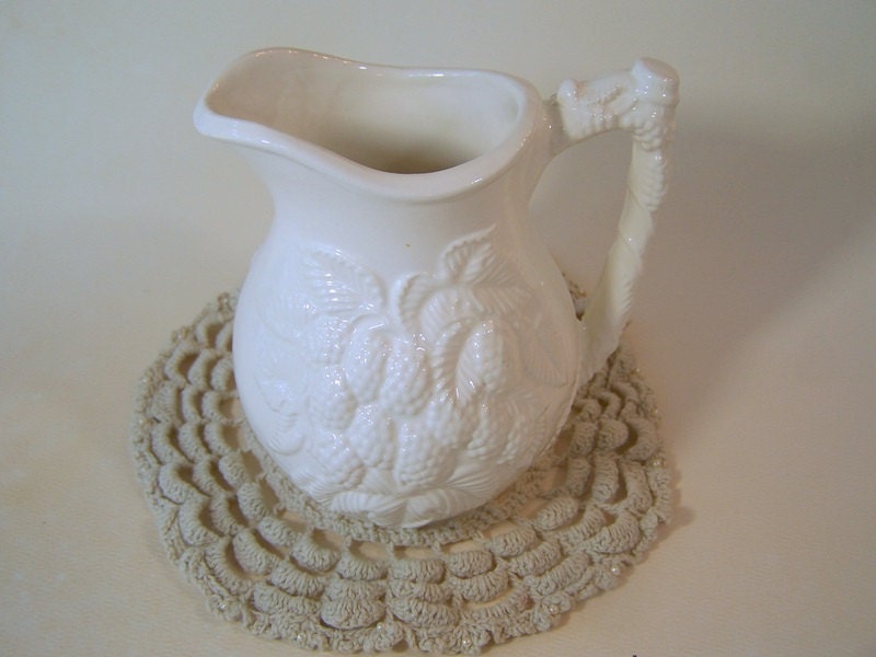 1970s Vintage White Embossed Pitcher Farm House Countryside
