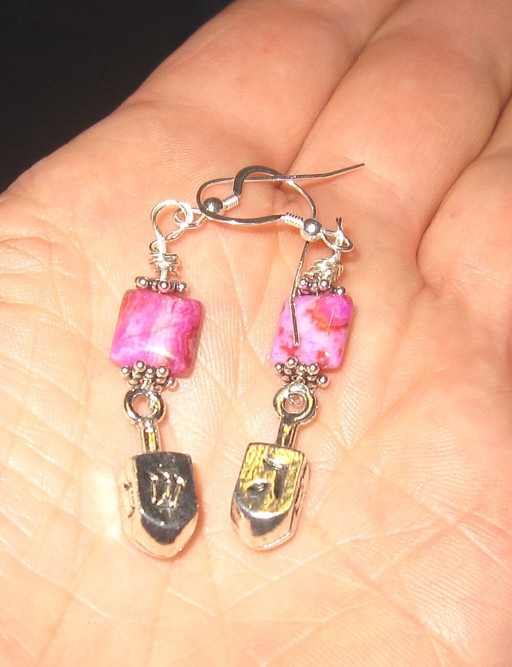 Dreidel draidel Judaica hot pink crazy lace agate earrings sterling spin dreidel great for Hanukkah