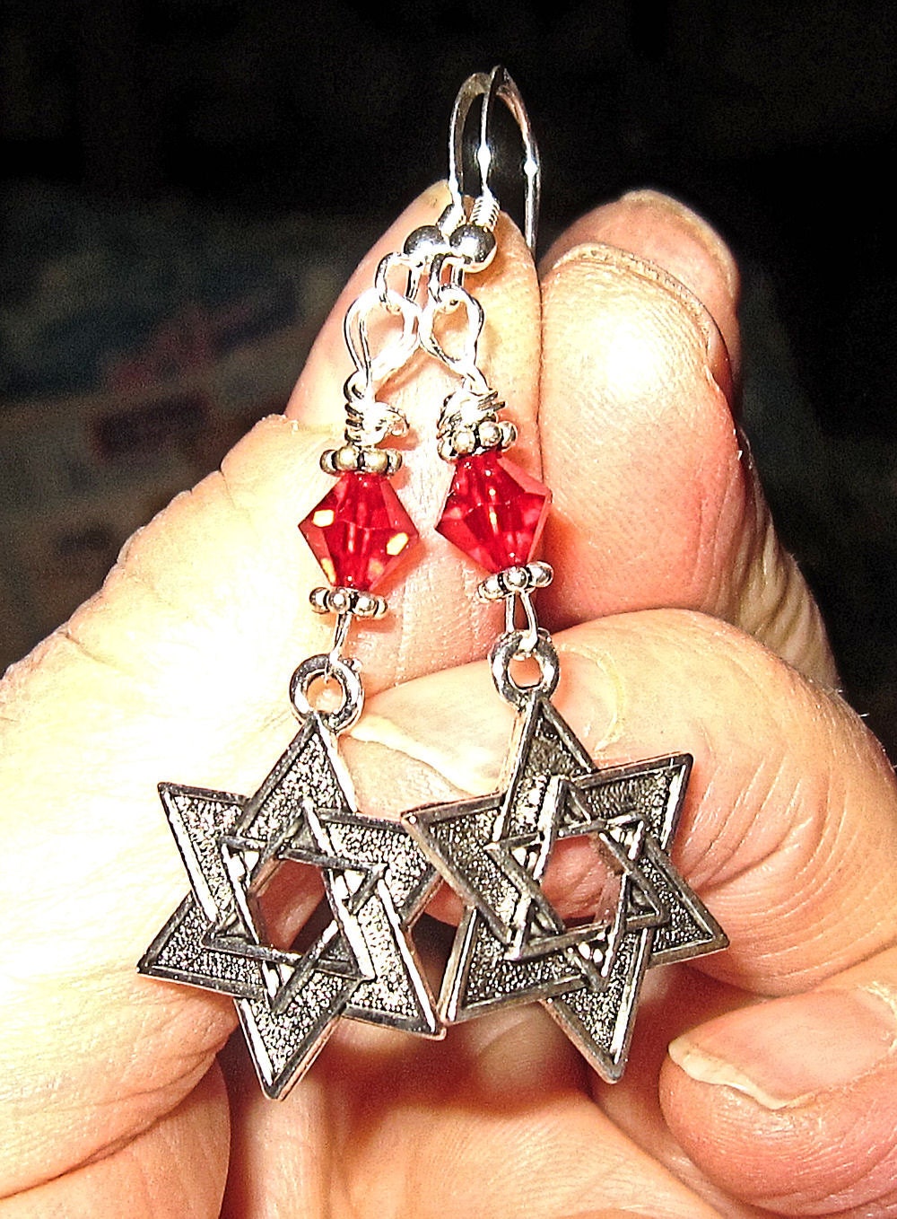 Ruby Red Star of David  wire wrapped sterling silver earrings with ruby red swarvoski crystals