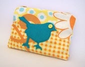 Songbird Zipper Pouch turquoise blue applique on yellow and orange vintage fabric