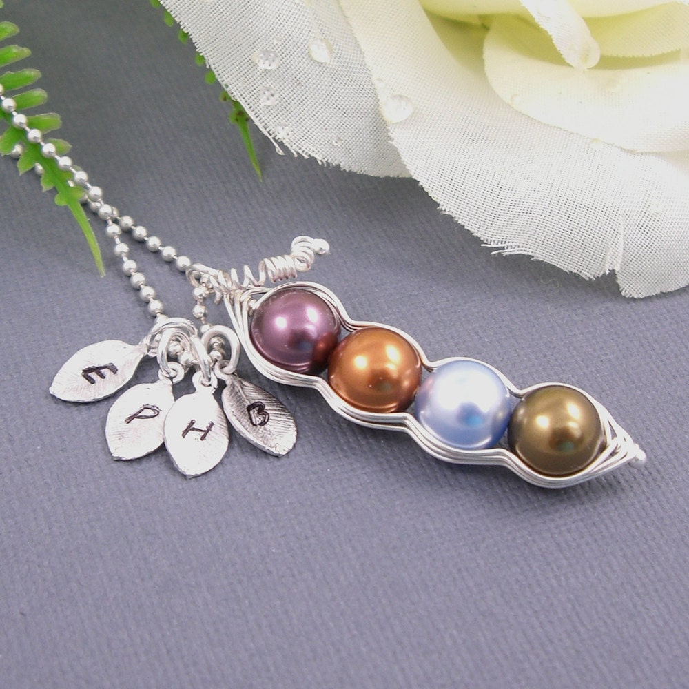 4 sweet peas in a pod sterling silver personalized hand stamped initial charm  necklace for brides, friends, sisters and mothers