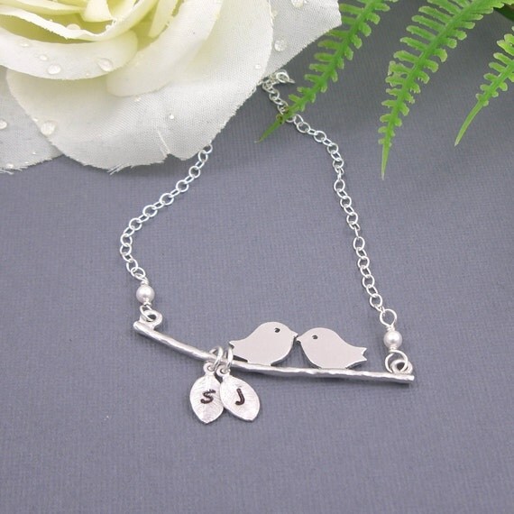Love birds on a branch with personalized hand stamped initial leaf necklace