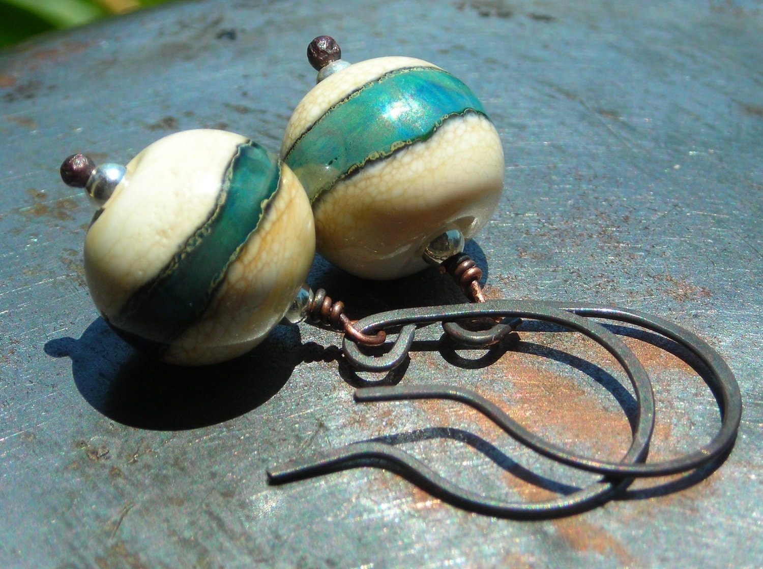 Blue Ivory Simplicity earrings, handmade artist lampwork beads handforged oxidized copper, sterling silver, rustic earrings earthy organic