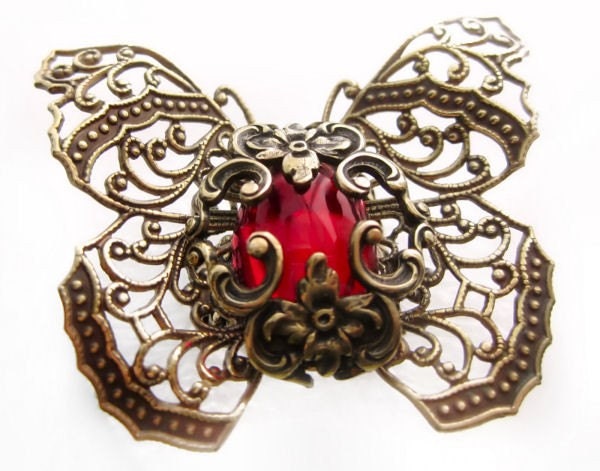 Enchantment Butterfly Ring a whimsical nature inspired cocktail filigree ring - adjustable band - red