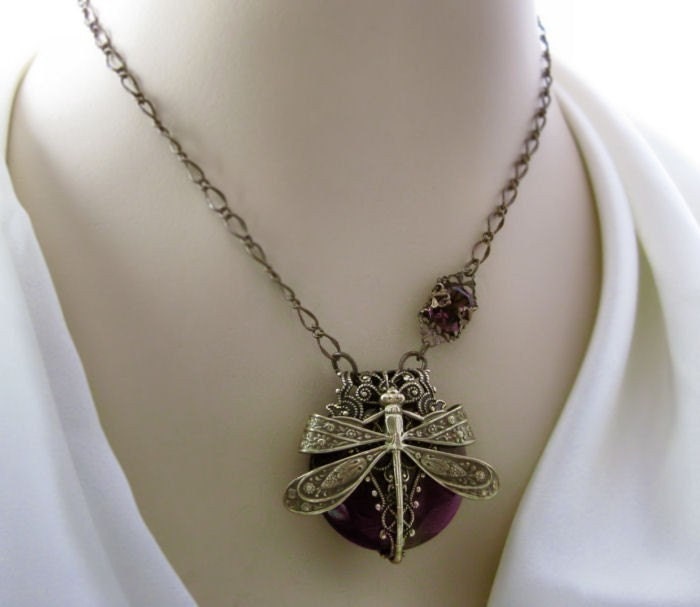 Dragonfly filigree necklace, La Belle Epoque jewellery statement necklace in amethyst purple