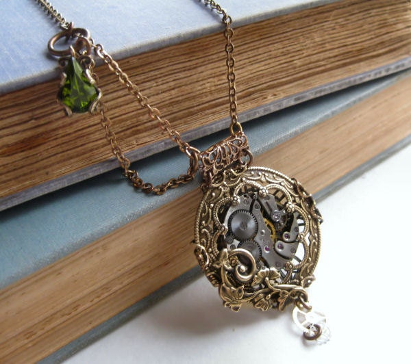 Steampunk necklace Victorian pocket watch style pendant with swag chain, steampunk jewelry, statement necklace