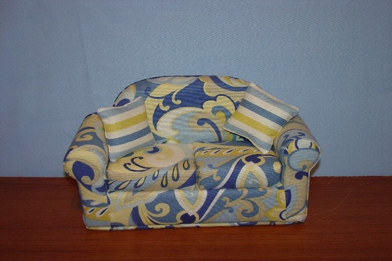 Doll Furniture , Sofa -  Blue - Yellow  fits Blythe Barbie and other 11 1/2 inch dolls