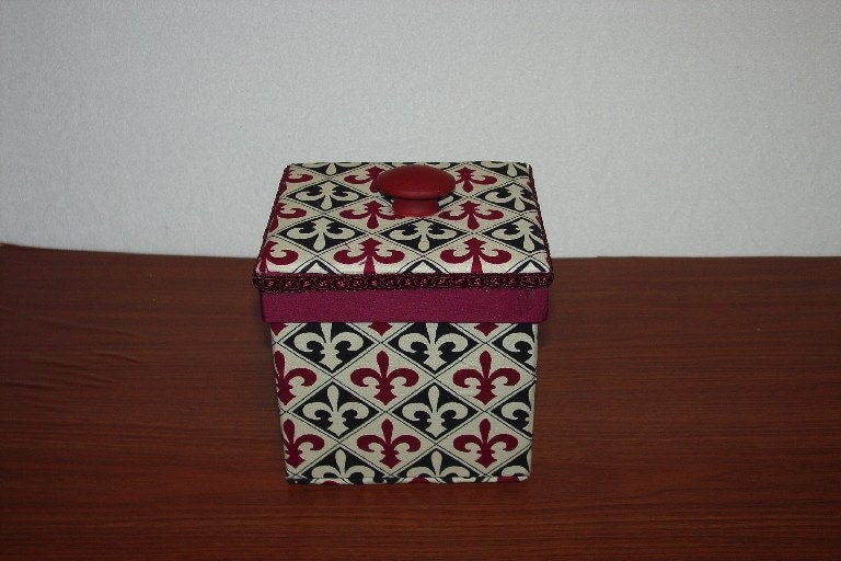 Trinket Box, Fabric Covered,  Fleur de Lis, Decorative