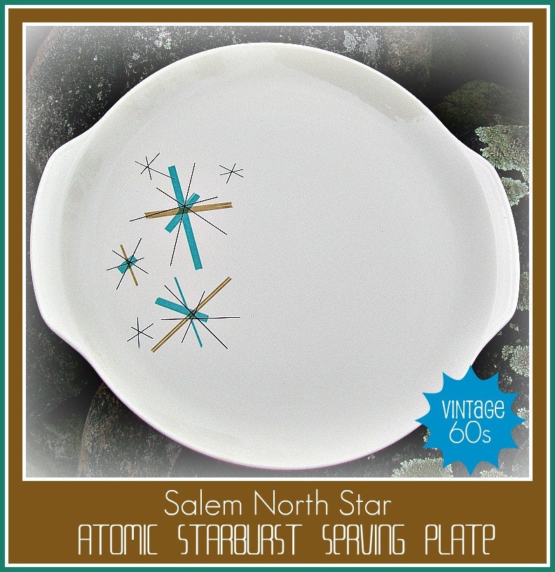 Vintage 60s Turquoise and Gold Atomic Starburst Cake Plate