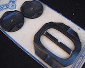 Vintage 1950s Black Buckle and Matching Buttons Still on Card