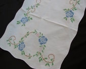 Vintage Embroidery Dress Scarf Runner with Blue Cross Stitch Embroidery Roses