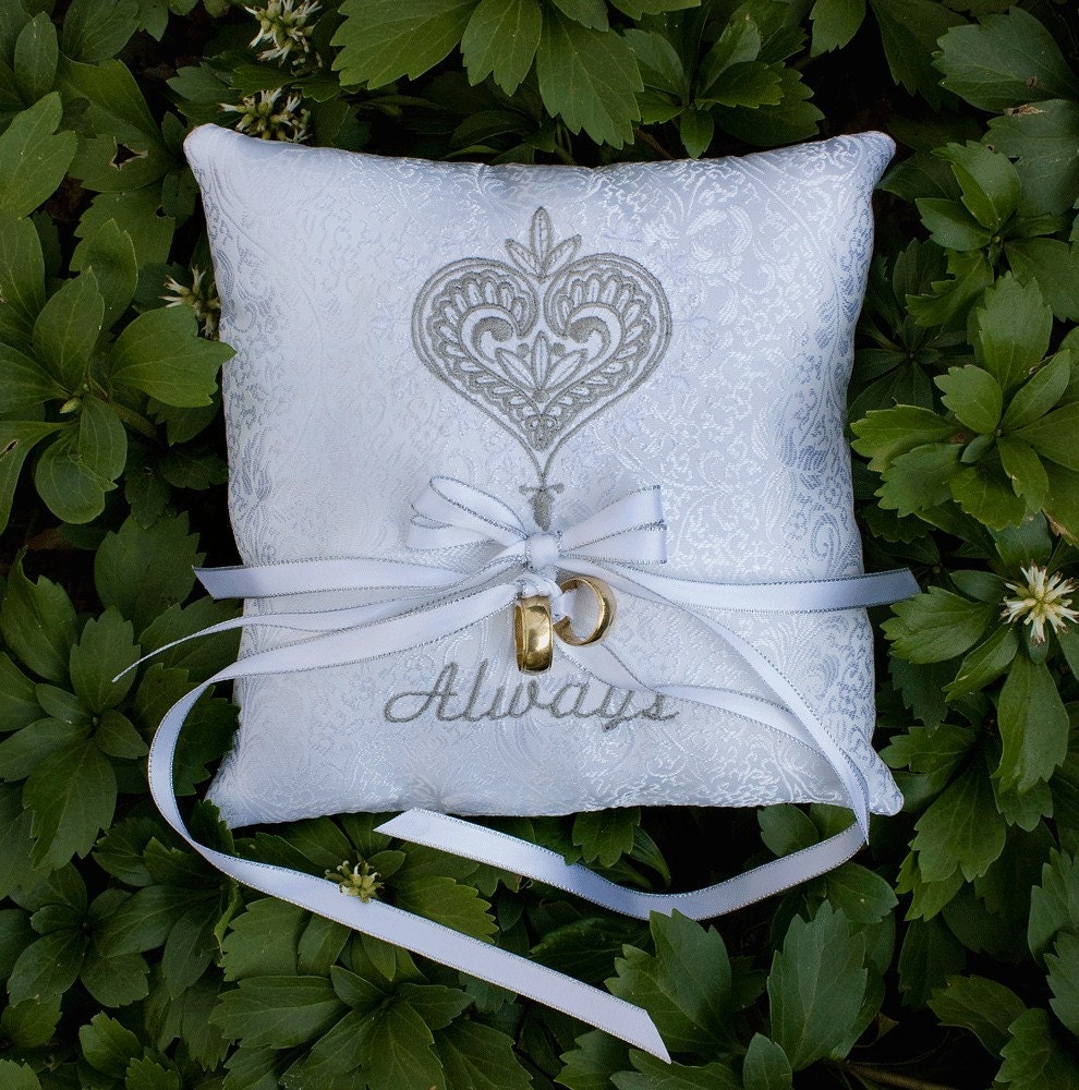 Ring Bearer Pillow Embroidered White Brocade - HuzzahHandmade