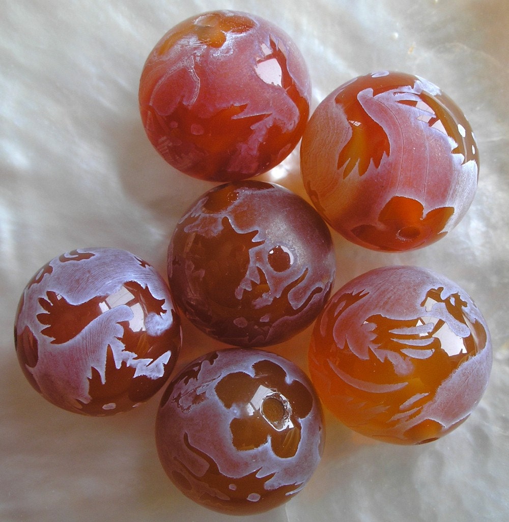 20mm Round Etched Carnelian Bead- Dragon/Phoenix Design Bead- "The Divine Pair" Ethnic Beads