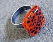 For Spring, Adjustable Ring, Fused Glass Ring, polka dot Orange Ring