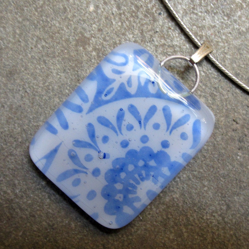 Fused glass pendant necklace, Fused glass jewelry, White & blue glass necklace