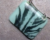 Mint green pendant,  Feather print, Fused glass pendant necklace