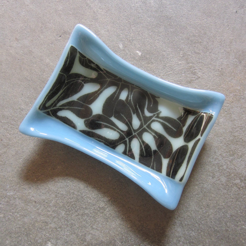 Blue Glass Soap Dish, Bathroom Decor, Glass Home Decor