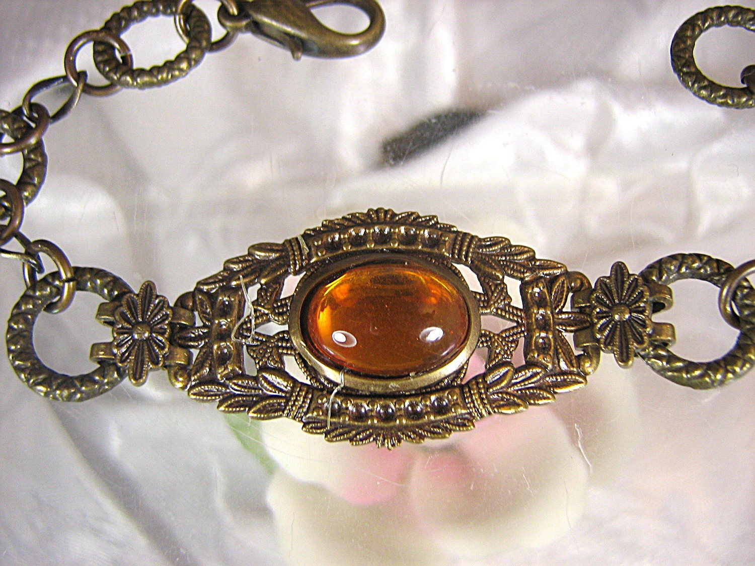 Antiqued Brass Filigree Bracelet with Topaz Glass Gem