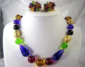 Colorful Vintage Lucite Beaded Necklace And Earrings Marked L C