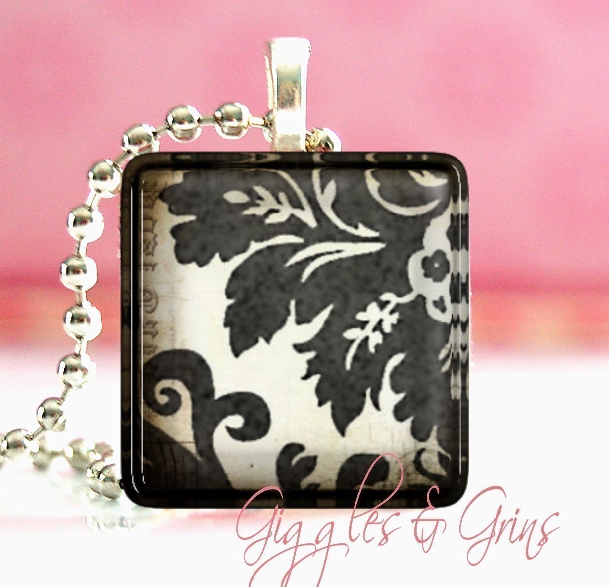 Glass Tile Pendant With FREE Chain ( Vintage Black Floral Pattern )