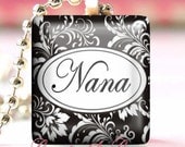 Glass Tile Pendant Necklace With Free Chain (Elegant Black and White Personalized Nana )