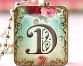Glass Tile Pendant With FREE Chain ( Vintage Romantic Shabby Custom Initial D )