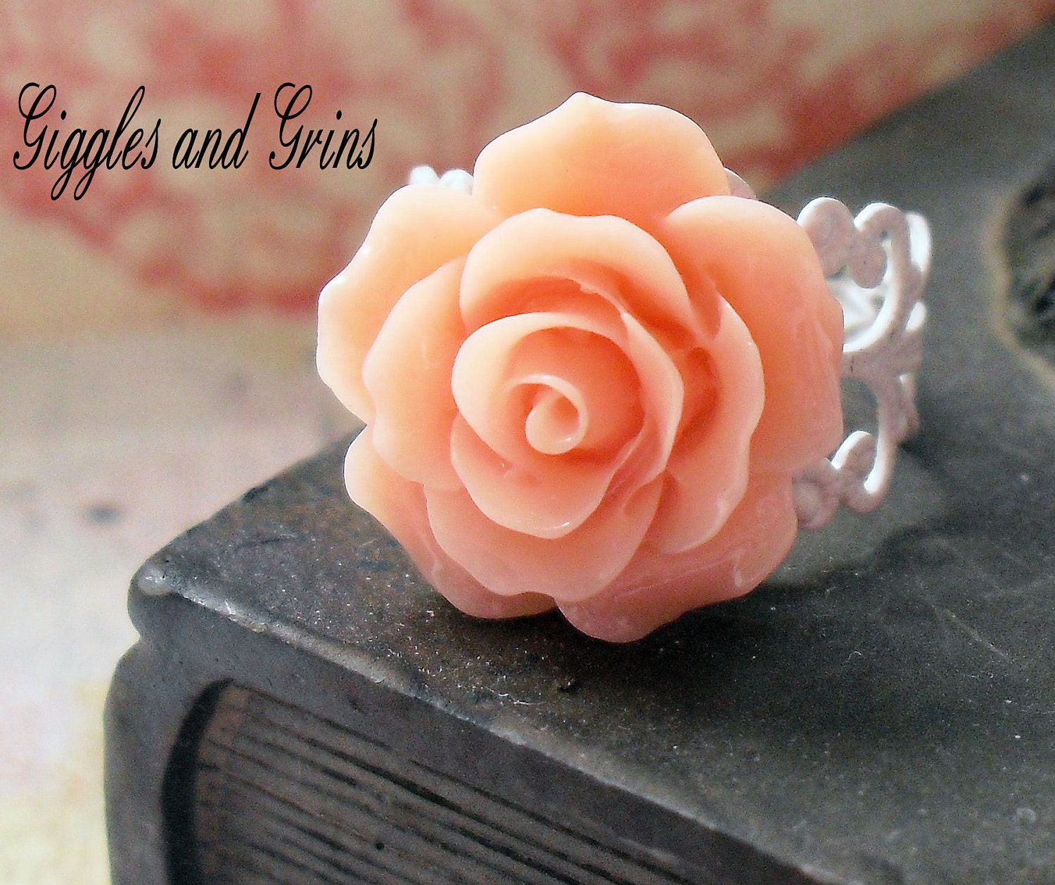 Adjustable Shabby White Filigree Ring with Peach Resin Rose Cabochon