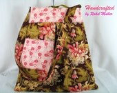 Reversible Large Pleaded Handbag-Shoulder bag,Pleated, Big Flowers in Pink-Brown-Ivory-