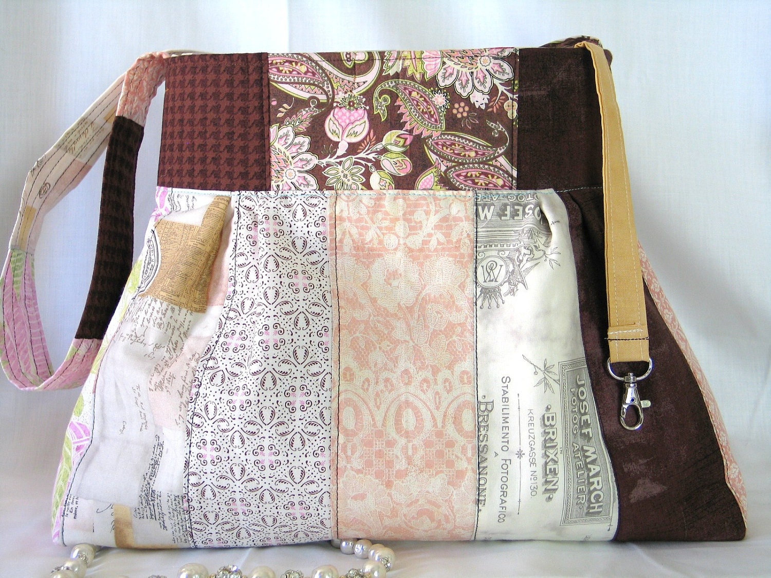 French Collage-Quilted-Patchwork -Purse-Vintage Wood Buttons -Pink -Chocolate-Brown,Shoulder bag-Diaper bag