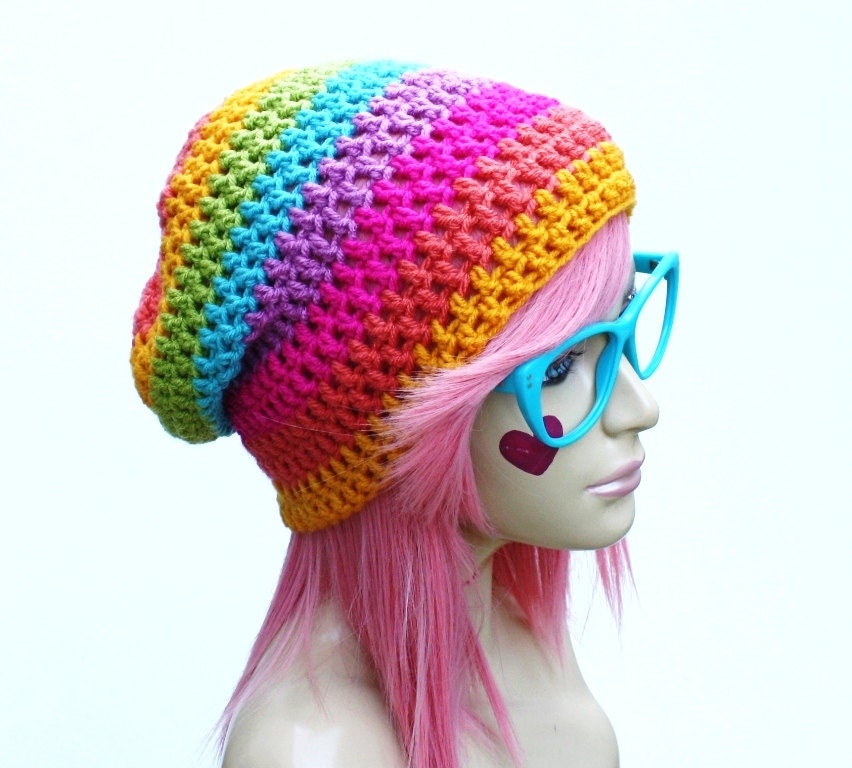 Rainbow Beanie - Crochet Slouch- Ultimate Slacker Striped Beanie Hat- Pride