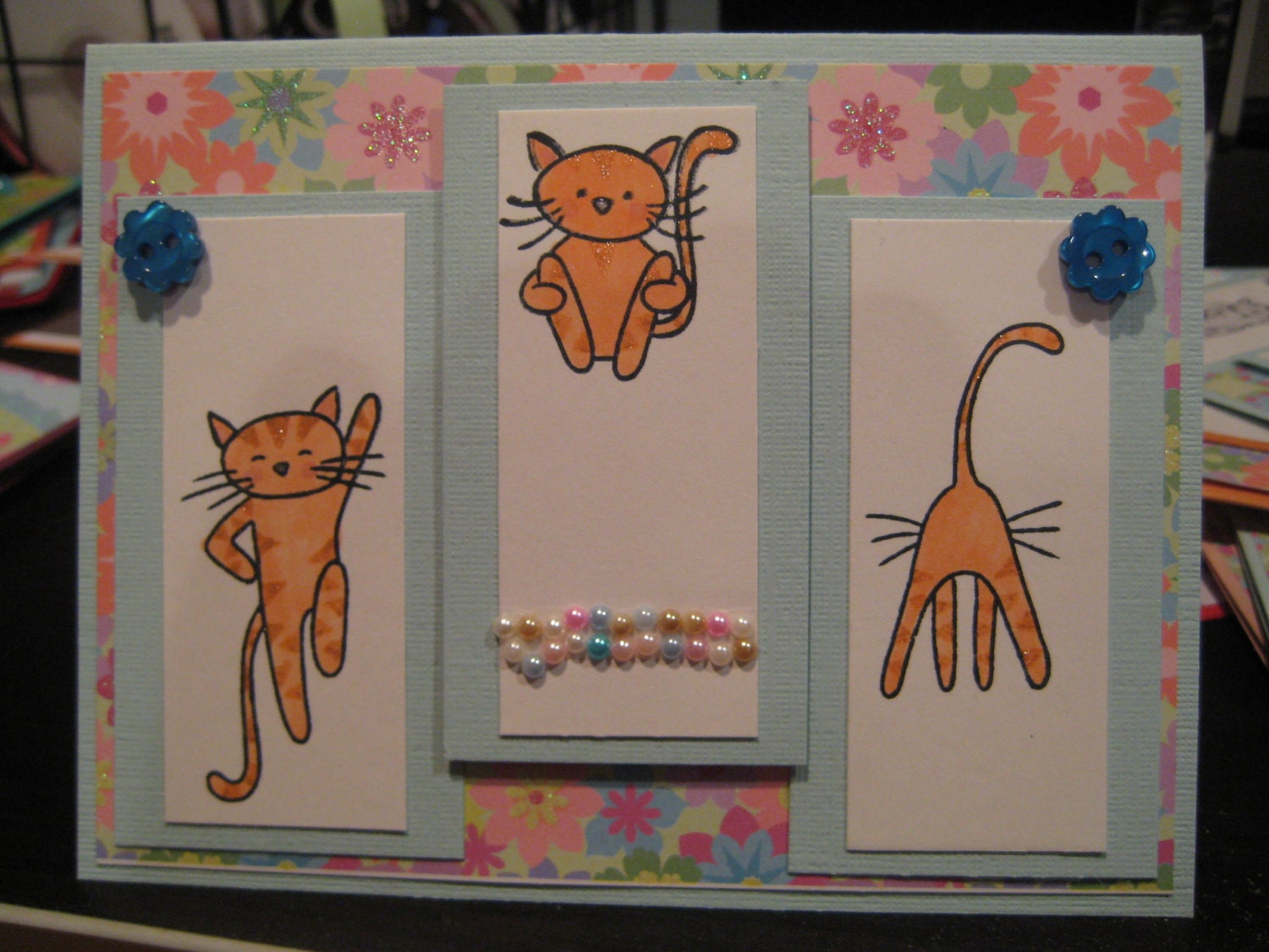 Reserved for Terri: Trampoline Kitties, Set of 5 cards and envelopes