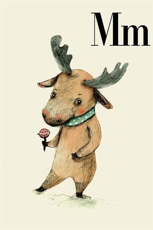 Childrens Wall Art Print -M for Moose, Alphabet animal,  Print 8x11 inches