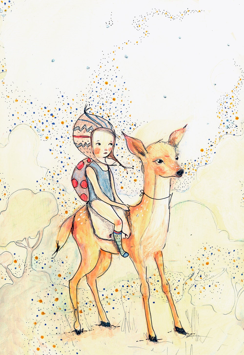 Forest Friends, girl and deer, BIG PRINT 11.69 x 16.54 inches (A3)
