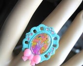 Barbie Cameo Ring, Teal Cameo, Pink Bow,  Kawaii Retro