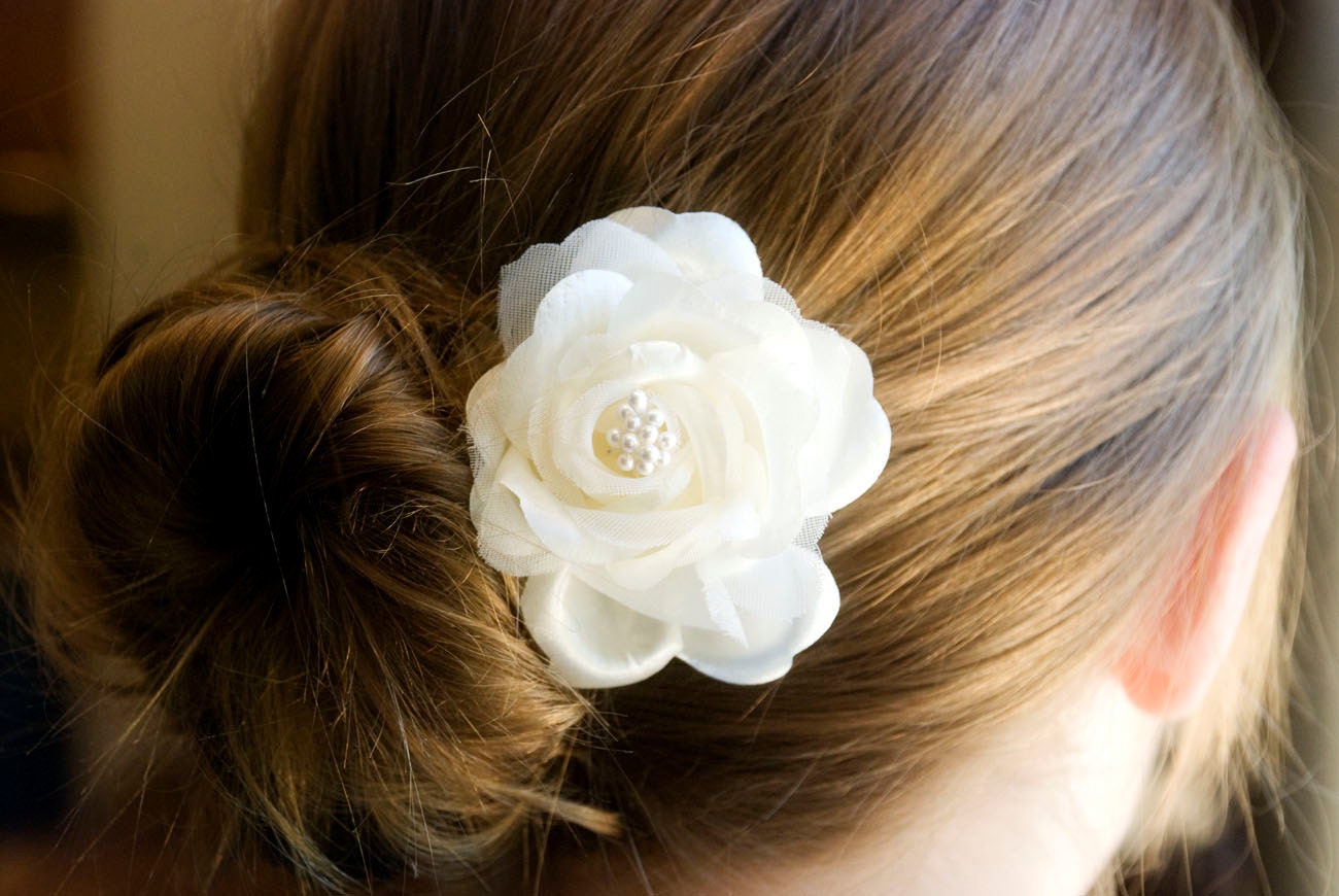 Wedding Flower, Bridal flower Hair Pin Bridesmaids Clip Stunning Silk/Organza with pearl accent center (12 colors available)